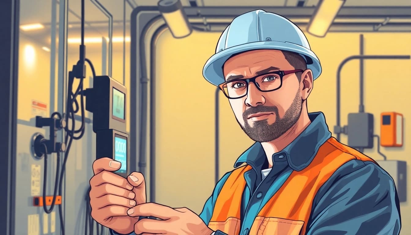 Techniker führt die Prüfung ortsveränderlicher elektrischer Betriebsmittel in einer professionellen Umgebung durch.