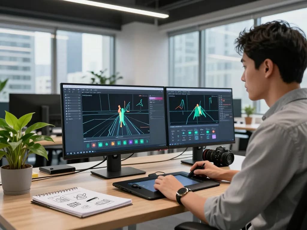 Creative professional showcasing motion control ai software in a modern tech workspace, highlighting innovative design and productivity.