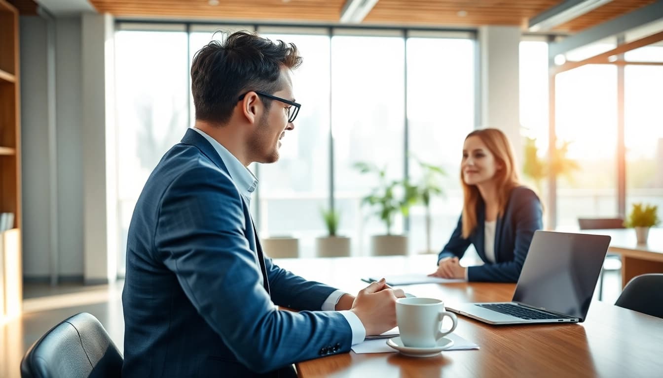 Headhunter Ingenieure in einem modernen Büro, das einen dynamischen Einstellungsgesprächsprozess zeigt.