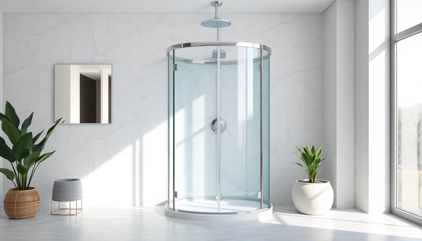 Moderne duschkabine 100x100 in einem stilvollen Badezimmer mit eleganten Glasregalen.