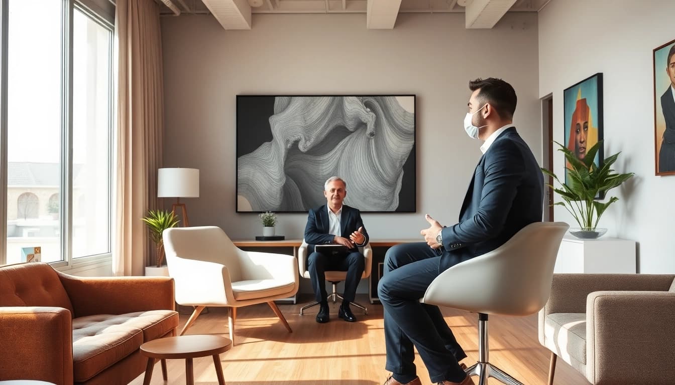 Headhunter führt ein Interview mit einem Kandidaten in einem modernen Büro.