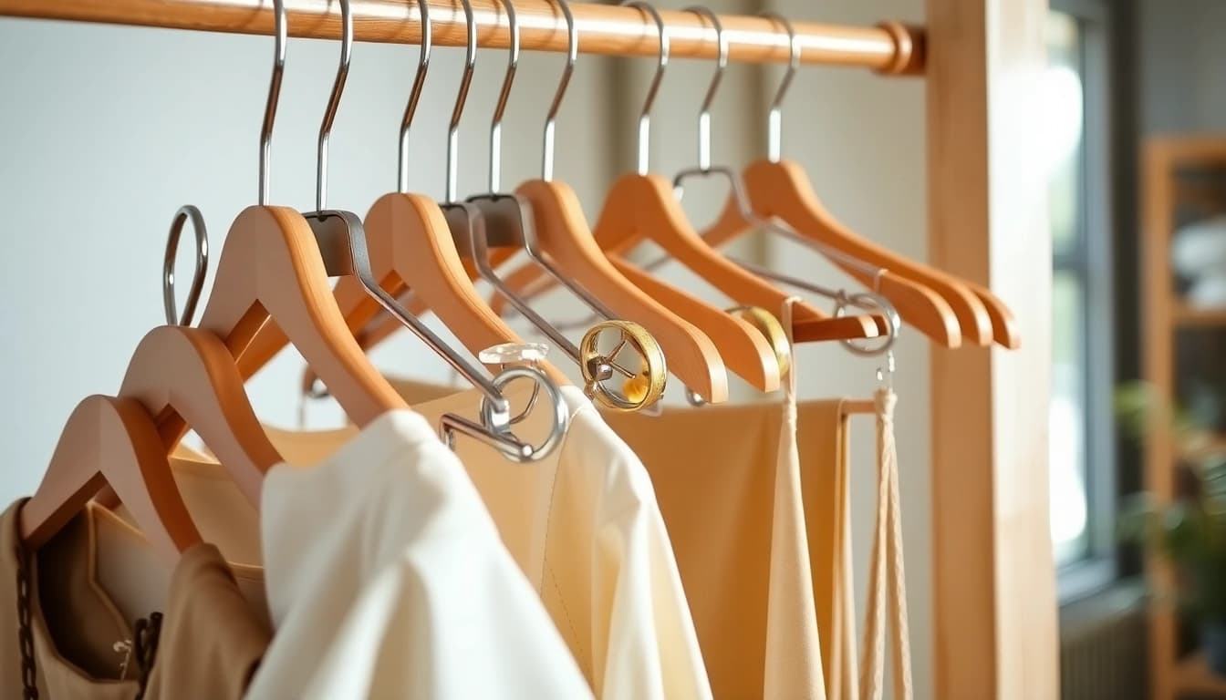 Stylish kleiderbügel displayed on a wooden rack, showcasing various designs and materials for elegant storage solutions.