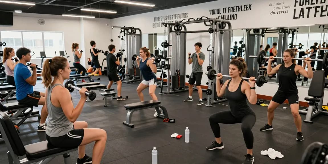 Anabolika Shop Deutschland Fitnessbegeisterte, die in einem modernen Fitnessstudio mit Gewichten und motivierenden Sprüchen trainieren.