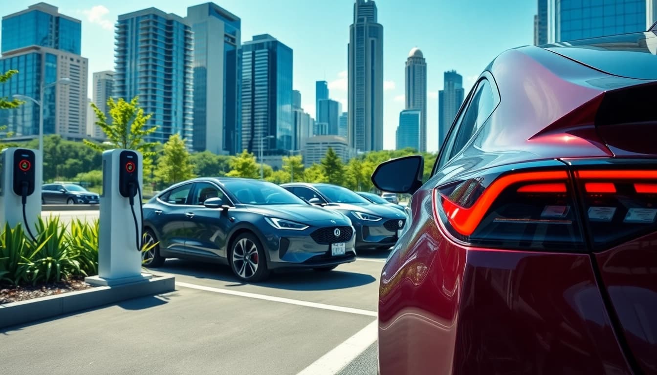 Elektroautos laden an modernem Ladepunkt in einer lebhaften städtischen Umgebung.