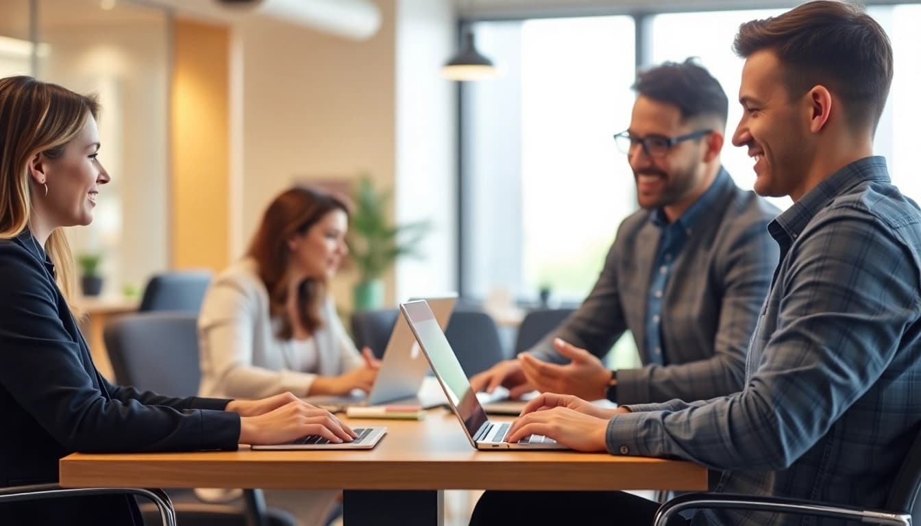 Explore innovative Stellenangebote with people engaging in a job search in a vibrant office setting.