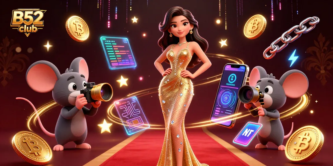 Bets come alive at B52club with a vibrant illustration showcasing intricate casino elements and glamorous characters.