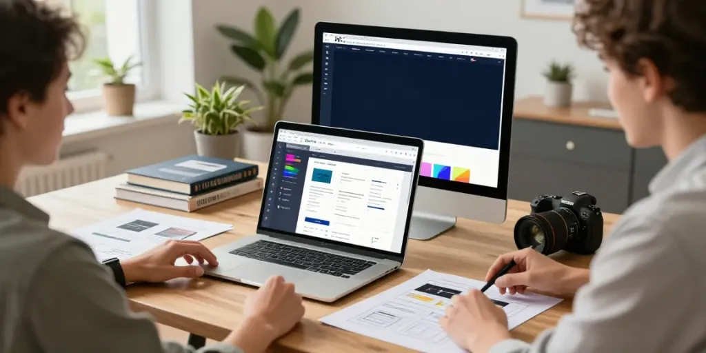 Professionelles Webdesign Saarland: Designer arbeitet an modernen Layouts mit Kunde.