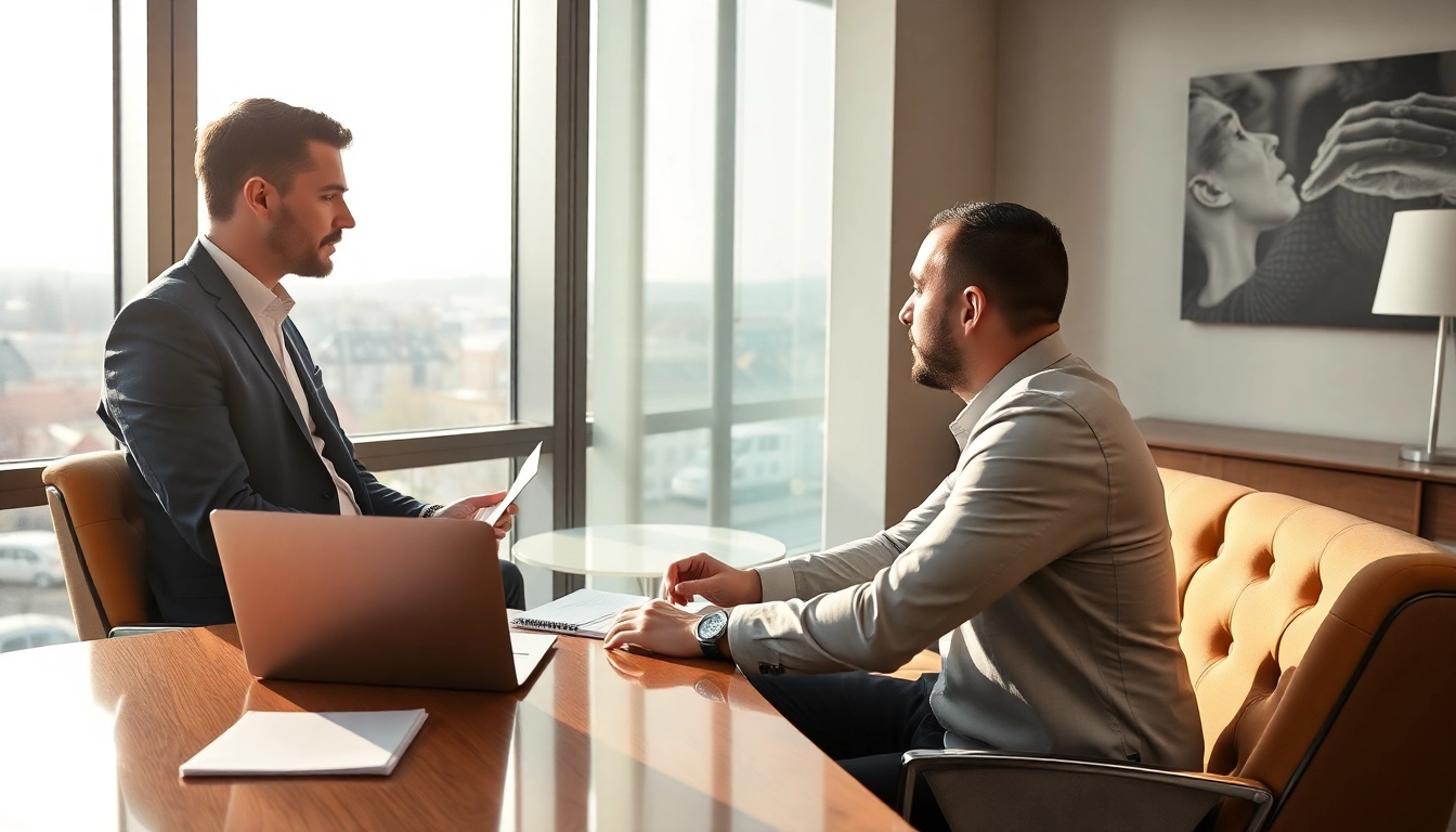 Headhunter Solingen in einem inspirierenden Geschäftsgespräch mit einem Kandidaten in modernem Büro.