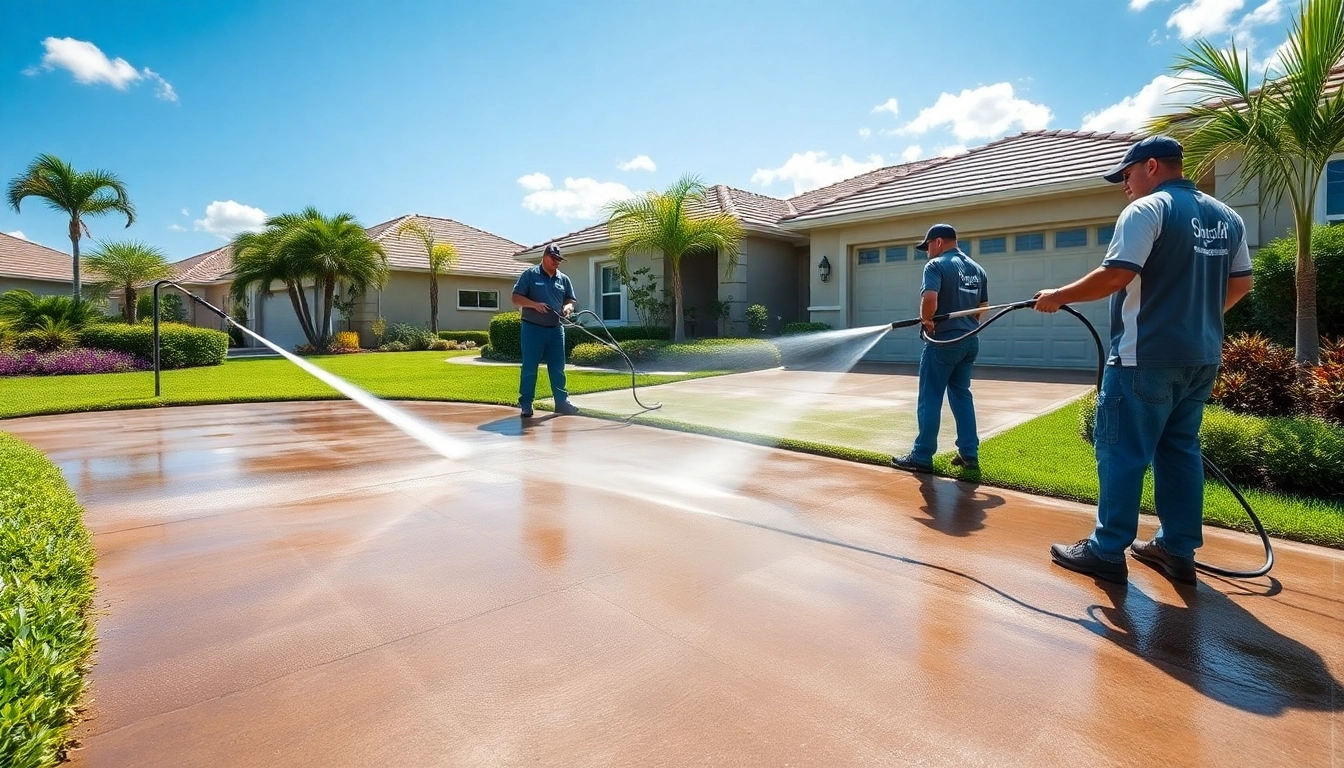 Concrete cleaning transformation by a professional pressure washing crew in Kissimmee, FL, showcasing pristine driveway and vibrant landscapes.