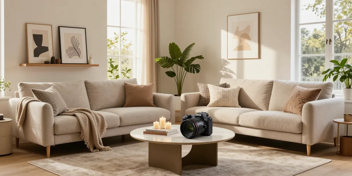Günstige Möbel online, die ein stilvolles Wohnzimmer mit eleganter Sofa-Garnitur und warmem Sonnenlicht zeigen.