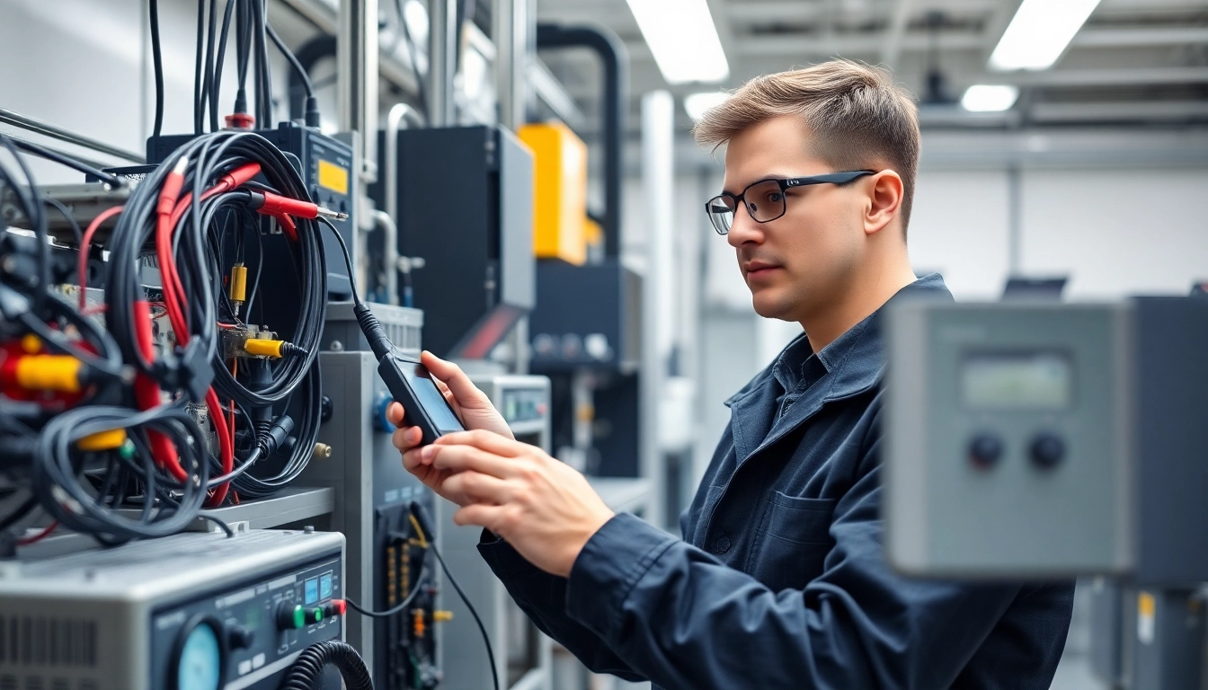 Technician conducts prüfung ortsveränderlicher elektrischer betriebsmittel on electrical devices in a bright workspace.