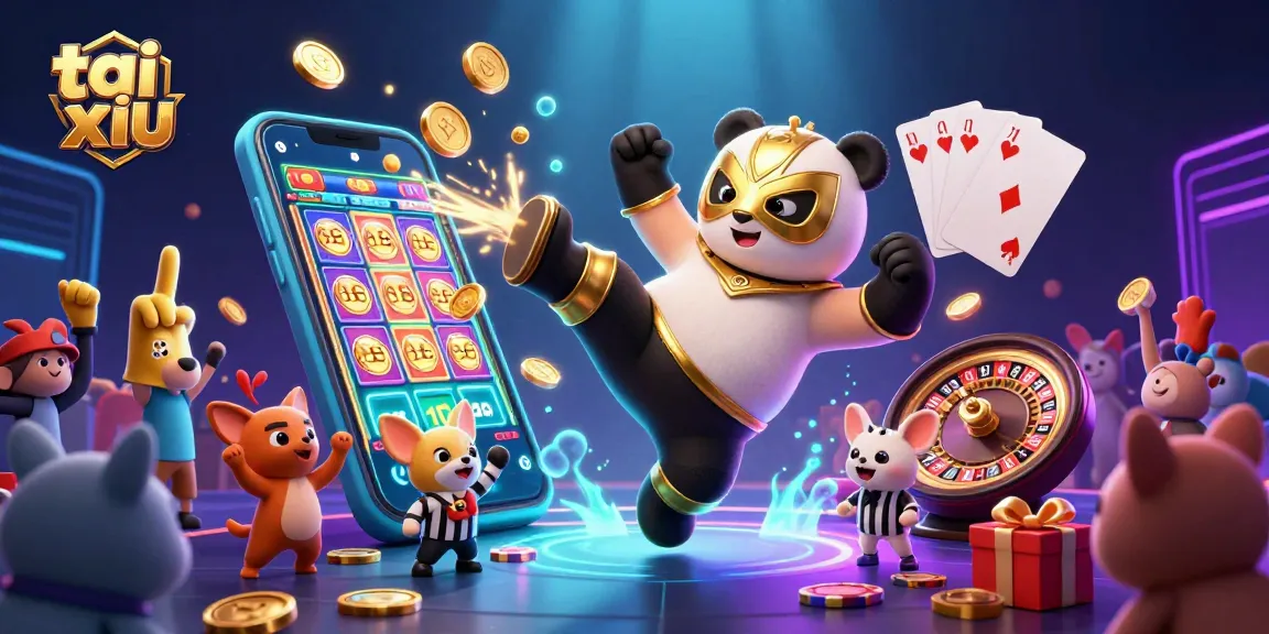 Experience tai xiu with a cartoon panda kicking, surrounded by vibrant casino elements and cheering animal fans.