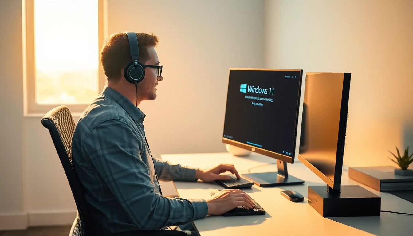 Win 11 Download: Benutzer lädt Windows 11 auf seinem modernen Computer herunter und zeigt ein konzentriertes Interesse an der Installation.