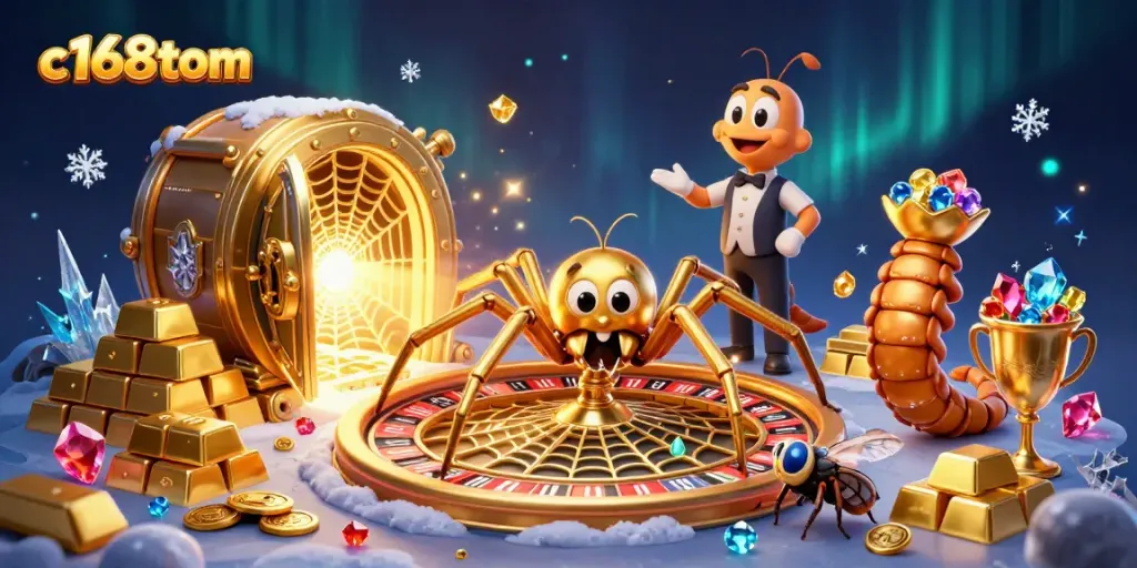 Engage with c168tom's thrilling roulette wheel scene featuring a golden spider and playful fauna.