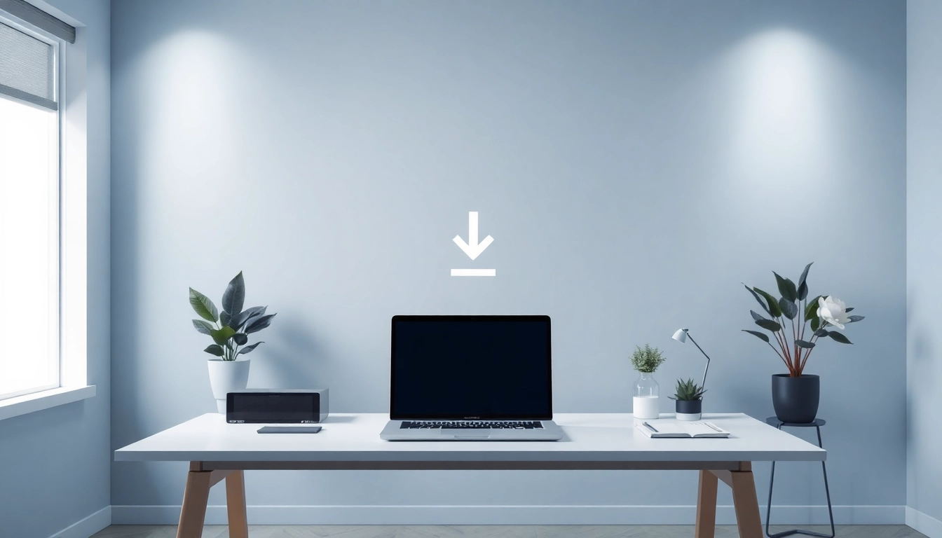 Visualisieren Sie den Download-Prozess von Office 2024 Pro Plus Vollversion Download an einem modernen Arbeitsplatz mit Laptop und Bürobedarf.