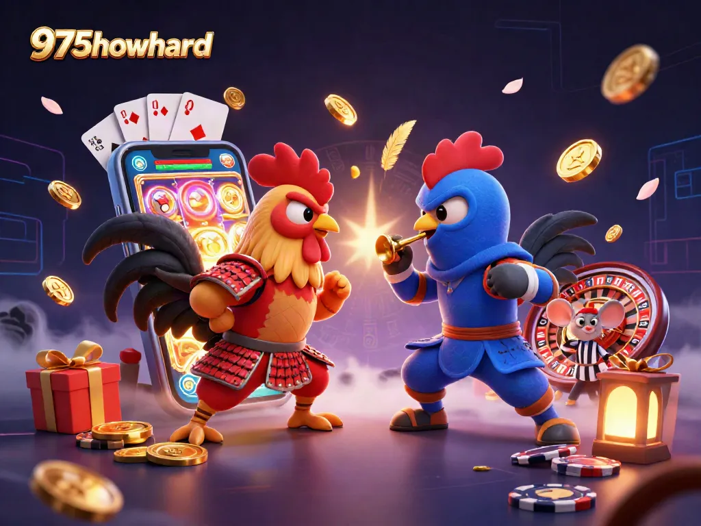 Experience thrilling gameplay with 975howard's dynamic cartoon roosters and vibrant casino elements.