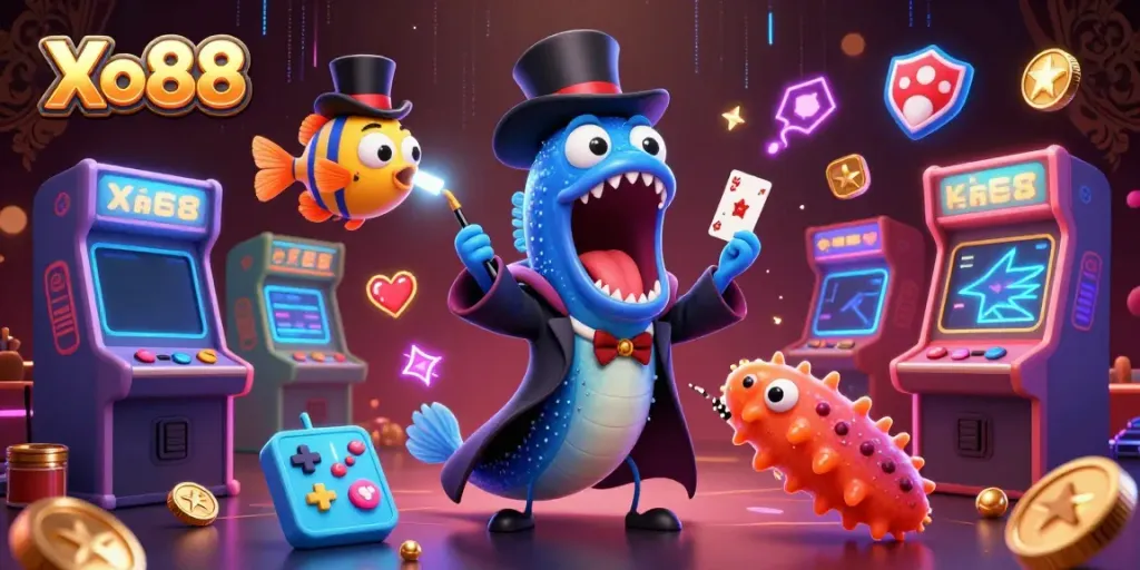 Xo88 brings excitement with a 3D eel magician and vibrant gaming elements in a colorful underwater setting.