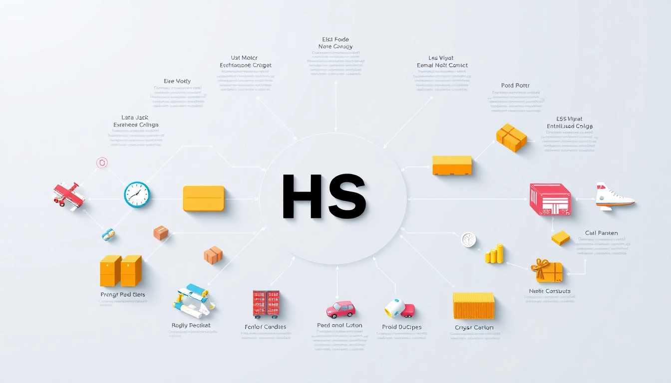 Illustrate HS Code classification with visually categorized products and numerical codes.
