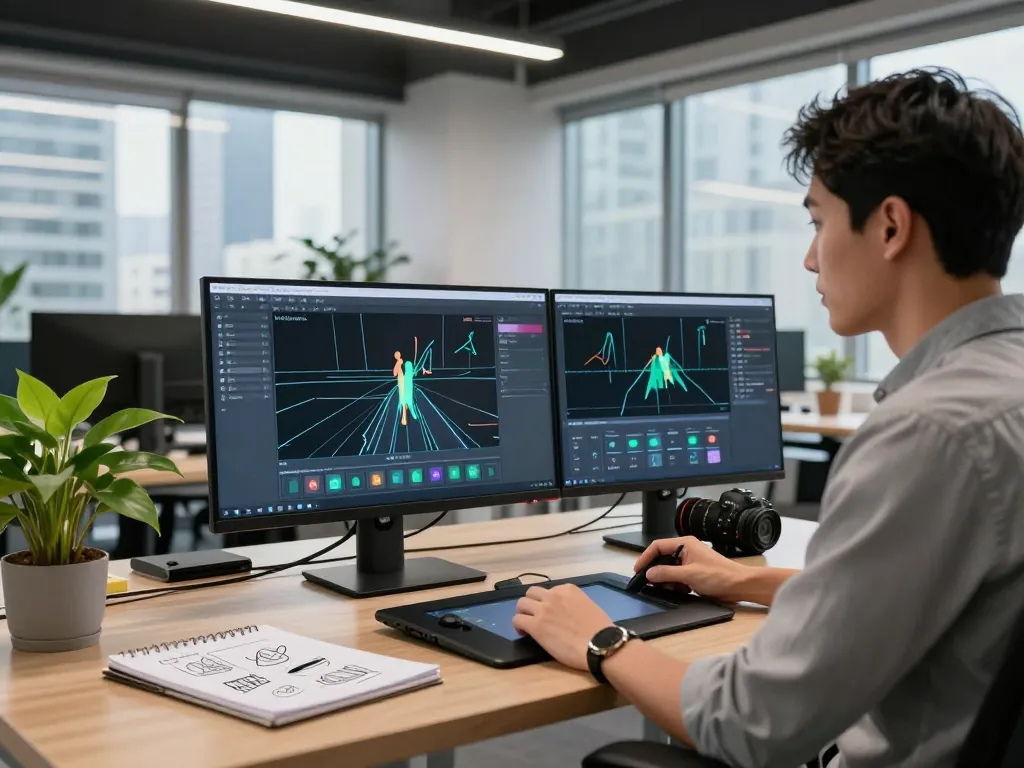 Creative professional showcasing motion control ai software in a modern tech workspace, highlighting innovative design and productivity.
