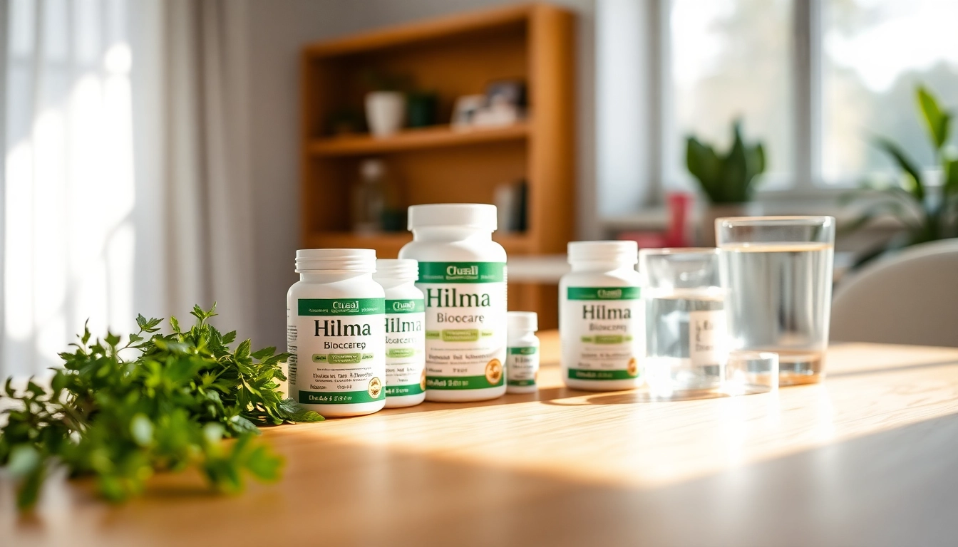 Hilma Biocare Produkte auf einem Holztisch, umgeben von frischen Kräutern, die Gesundheit fördern.