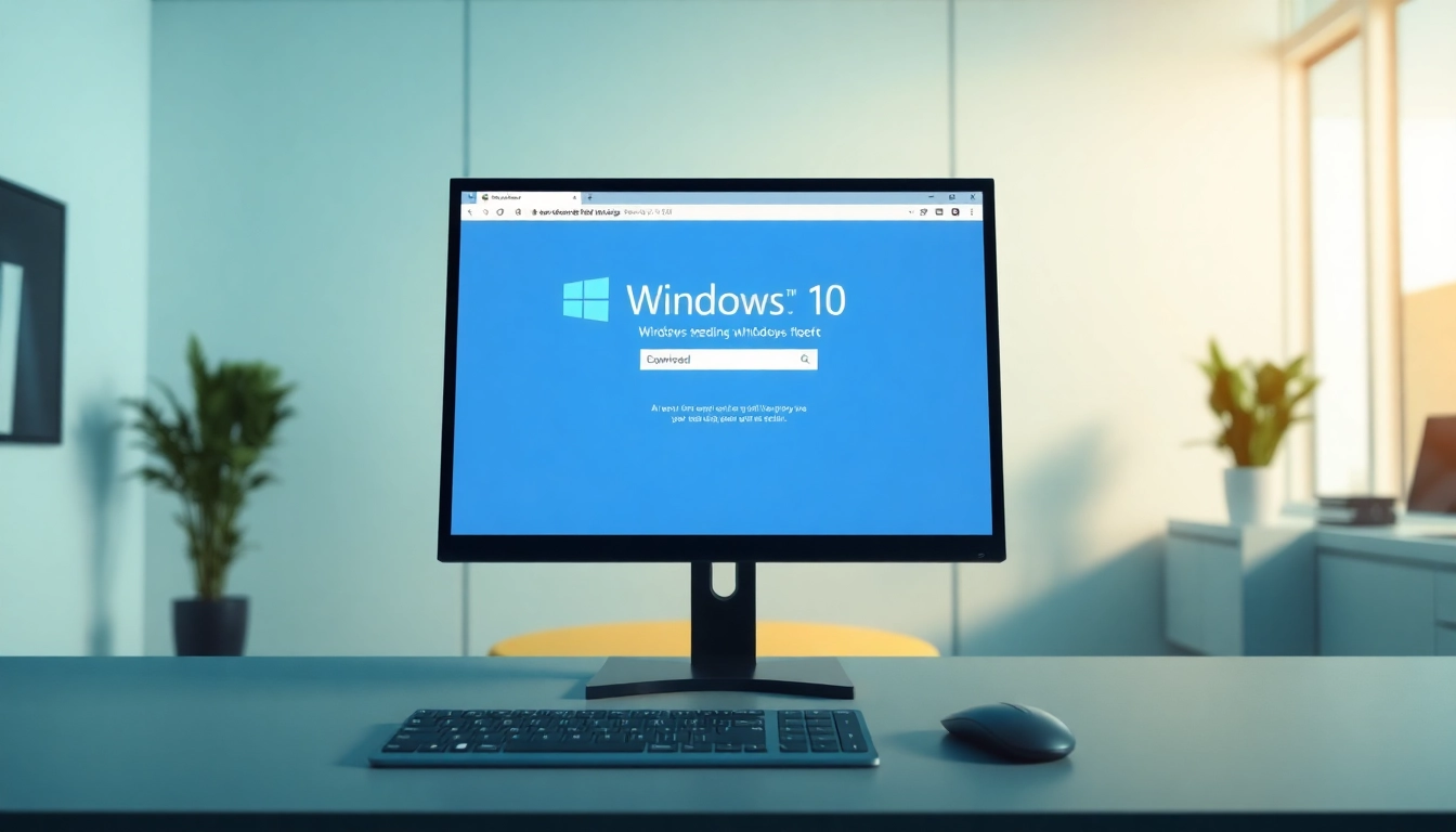 Windows 10 Download auf einem modernen Bildschirm in einem Büro mit Tastatur und Maus.