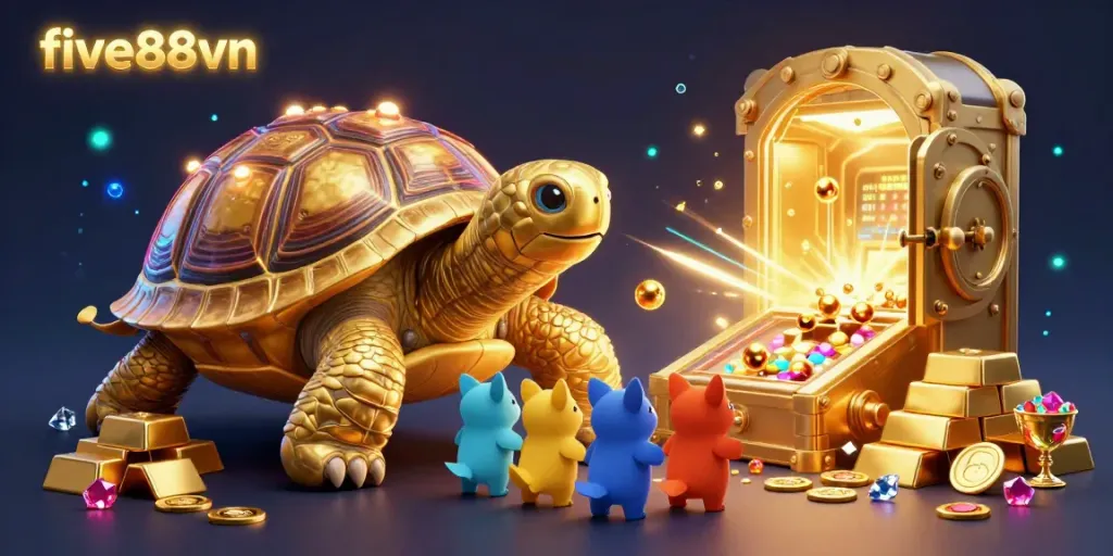 Engage with the vibrant world of five88vn, showcasing a playful scene filled with a golden tortoise pinball machine and excited animal players amidst treasure.