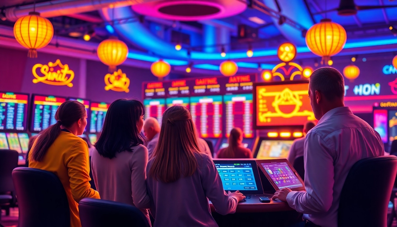 Entdecken Sie die besten Wettanbieter ohne Lizenz in einer dynamischen Online-Casino-Umgebung mit Spielern, die umgeben von bunten, lebendigen Lichtern ihre Wetten platzieren.