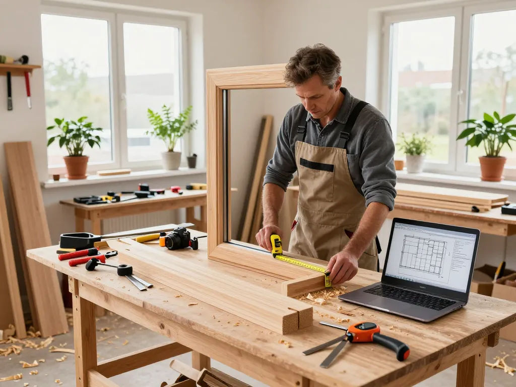 Handwerker, der an fensterbau Holzfenstern in einer hellen Werkstatt arbeitet.