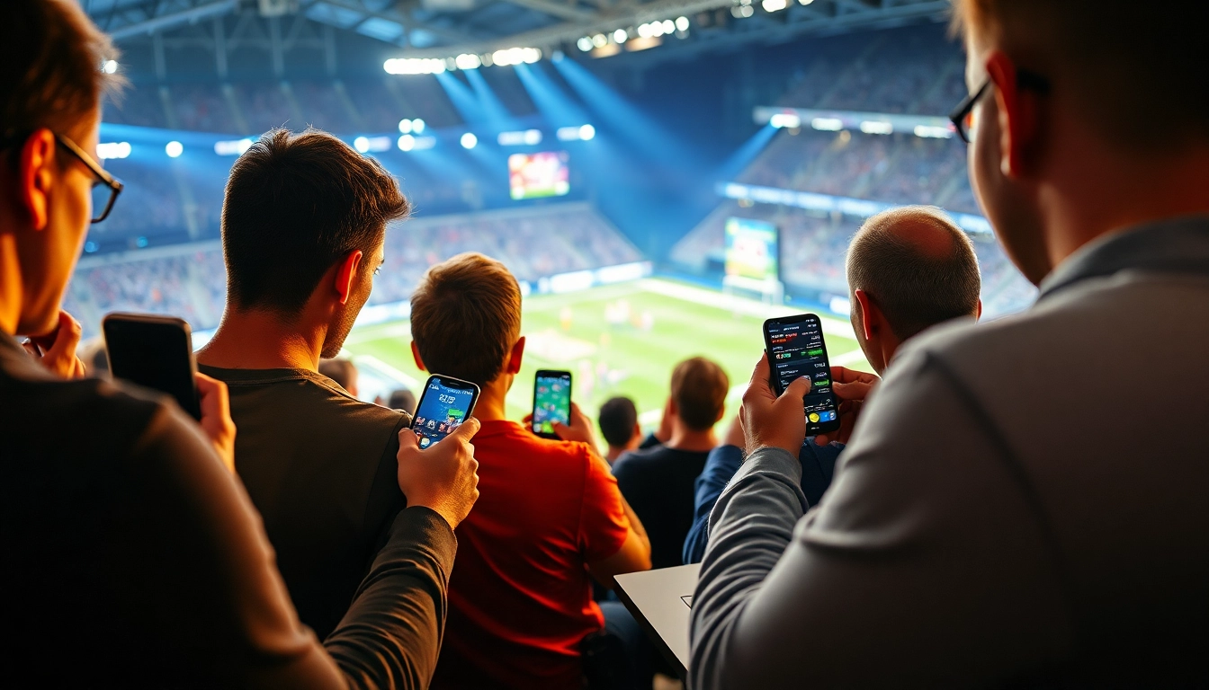 Personen platzieren leidenschaftlich Sportwetten ohne Lizenz auf mobilen Geräten im Sportumfeld.