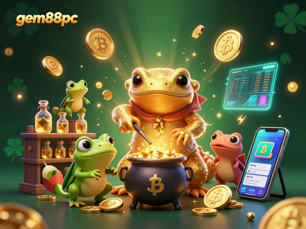 Experience gem88pc gameplay with a vibrant 3D casino scene featuring alchemists and golden coins in action.