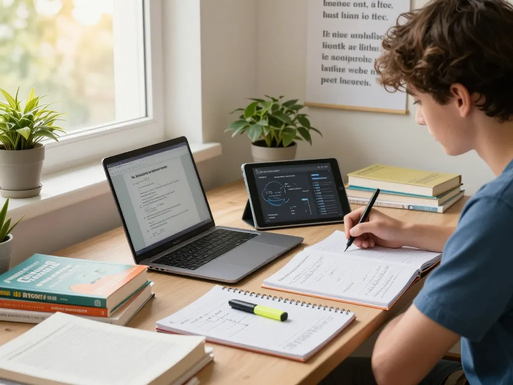 Student konzentriert sich auf Hausaufgaben lösen mit Laptop und digitalen Tablet in einem hellen Lernraum.