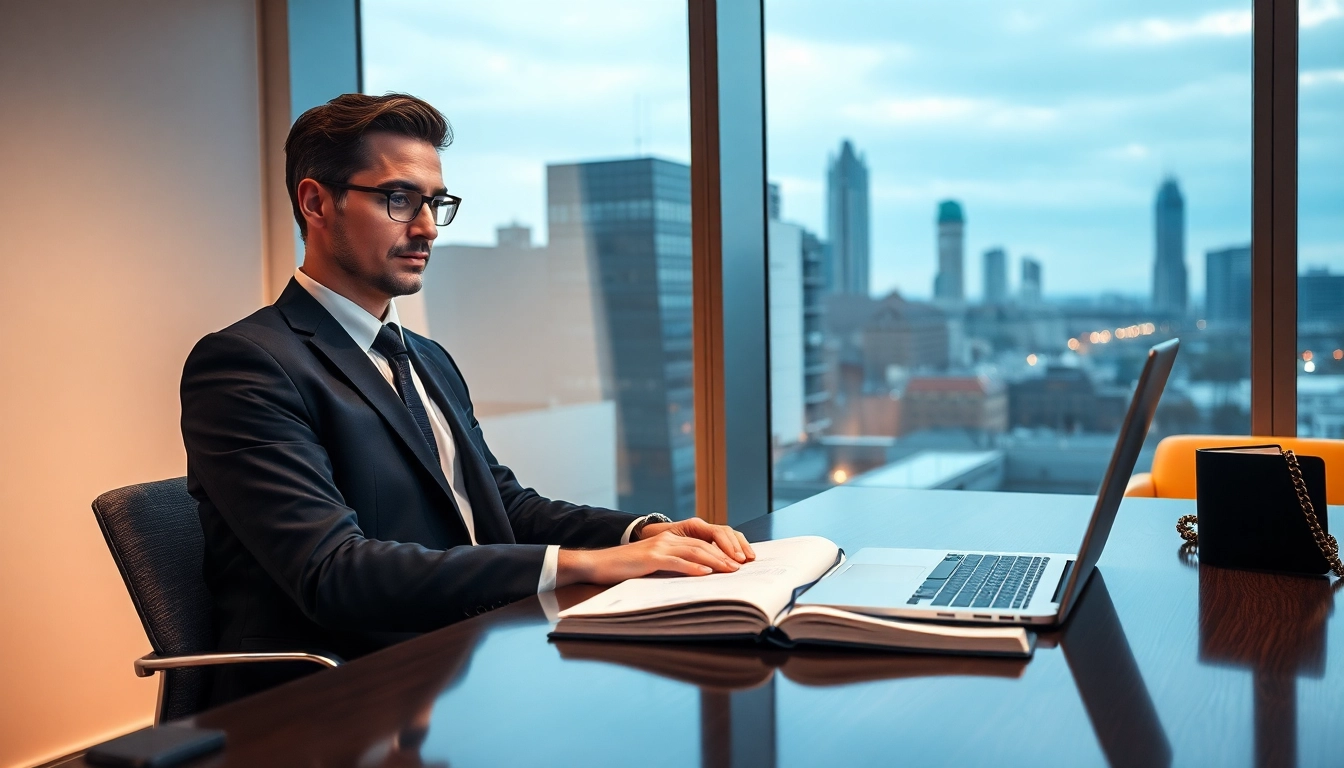 Headhunter Frankfurt in modernem Büro mit Laptop und Notizen.