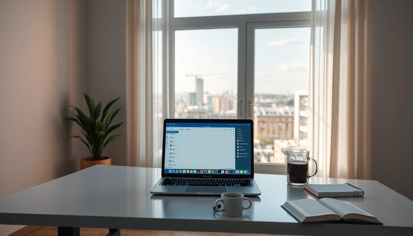 Arbeitsplatz mit Office 2024 macOS Kompatibilität auf einem Laptop in einem modernen Büro.