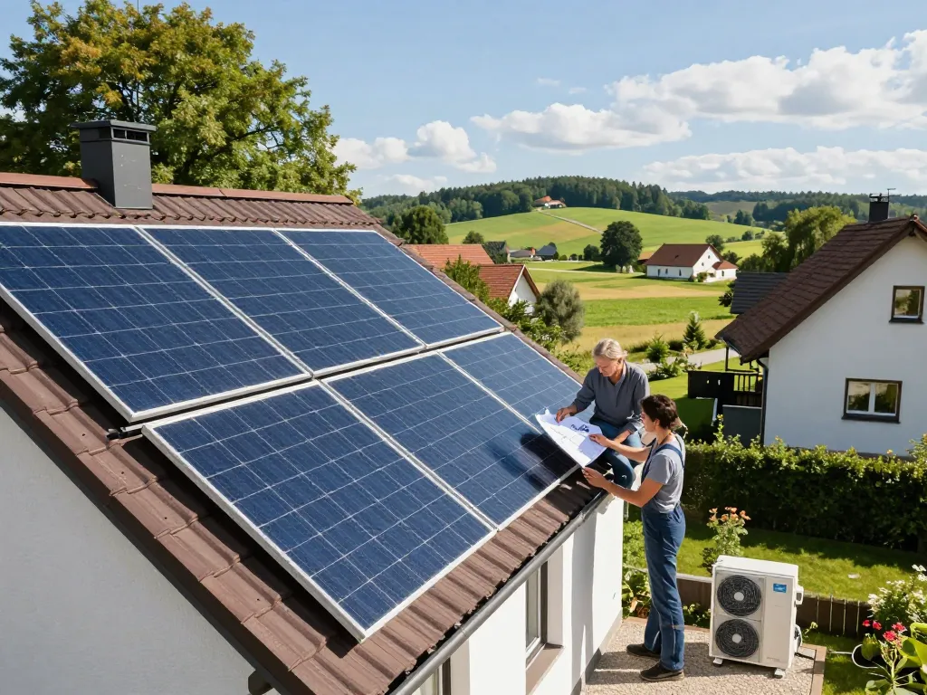 Installation von Photovoltaik Bayern mit Techniker und Hausbesitzern, die die Installation von Solarpanelen in Bayern diskutieren und nachhaltige Energielösungen hervorheben.