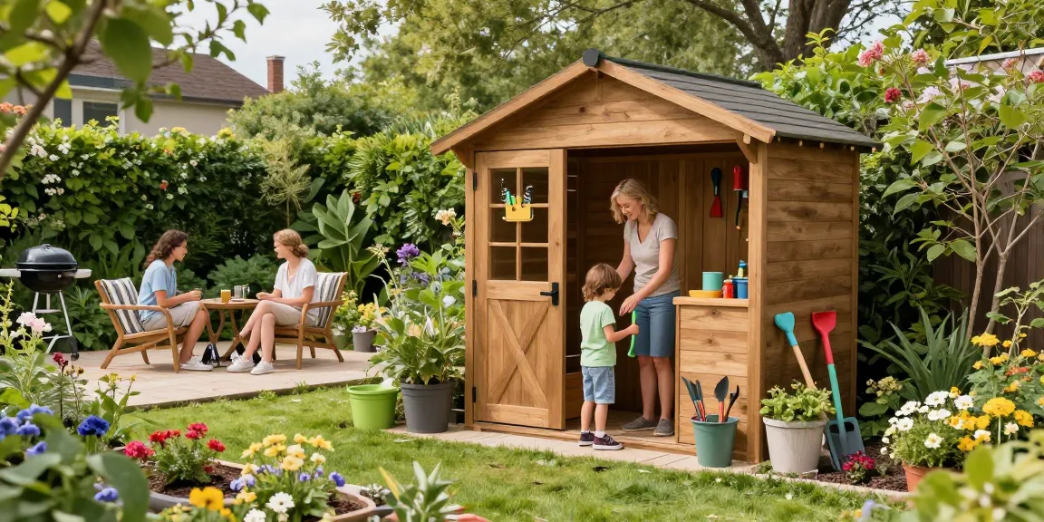 Gartenhaus kaufen: Gemütliches Holz-Gartenhaus umgeben von Blumen und glücklicher Familie im Garten.