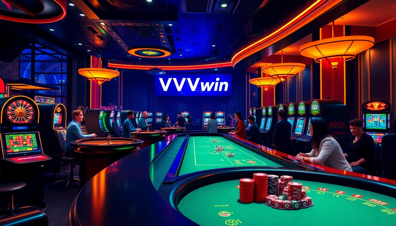VVVwin casino scene showcasing exciting online gambling activities with players at the tables.