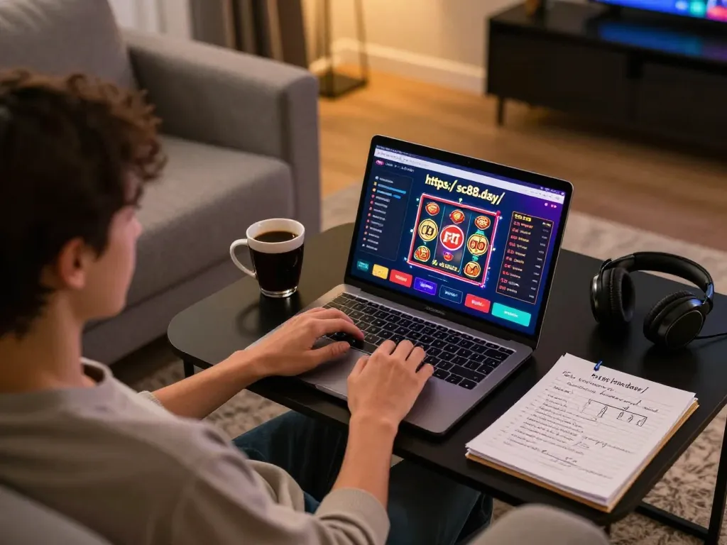 Engaging online gaming experience at https://sc88.day/ featuring cozy setup with laptop and poker game display.