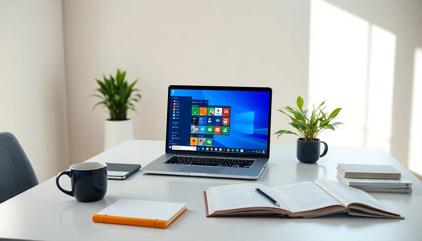 Erkunden Sie die Funktionen der Office 2024 Professional Plus Business Edition auf einem modernen Arbeitsplatz mit Laptop und Büromaterial.