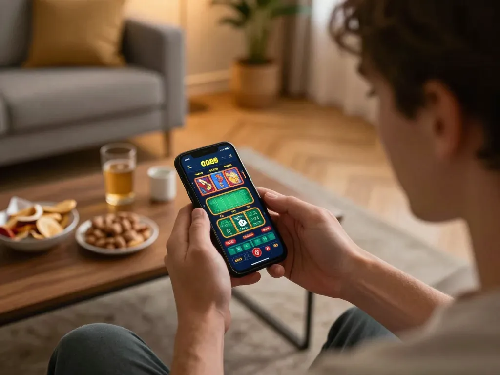 Engaged player navigating the GO88 app on a smartphone in a cozy home setting.