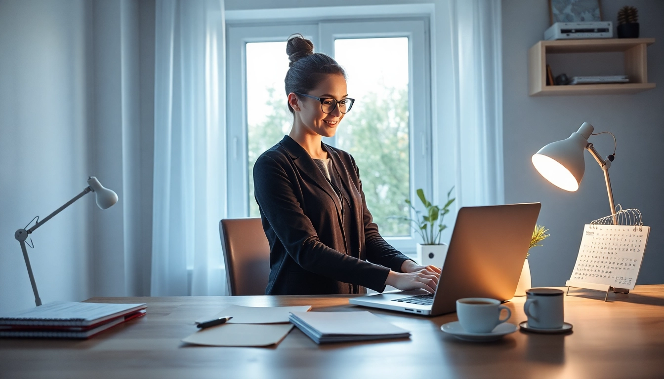 Virtuelle Assistenz finden: Eine Person nutzt ein Homeoffice mit Laptop und einem virtuellen Assistenten zur optimalen Unterstützung.