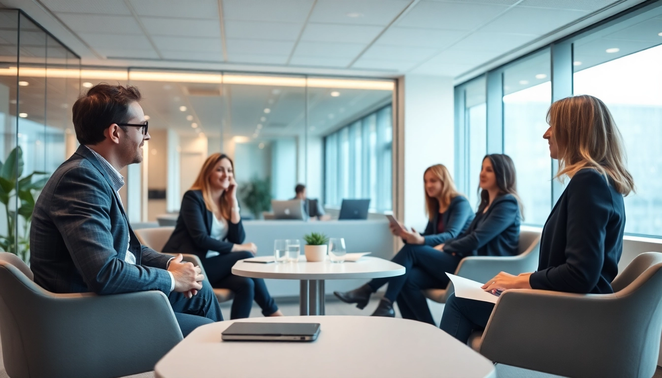Beratungsunternehmen diskutieren Strategien in einem modernen Büro, an einem Konferenztisch sitzend.