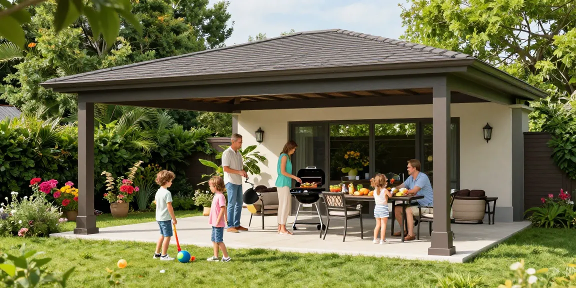 Freistehende Terrassenüberdachung im Garten mit glücklicher Familie beim Grillen.