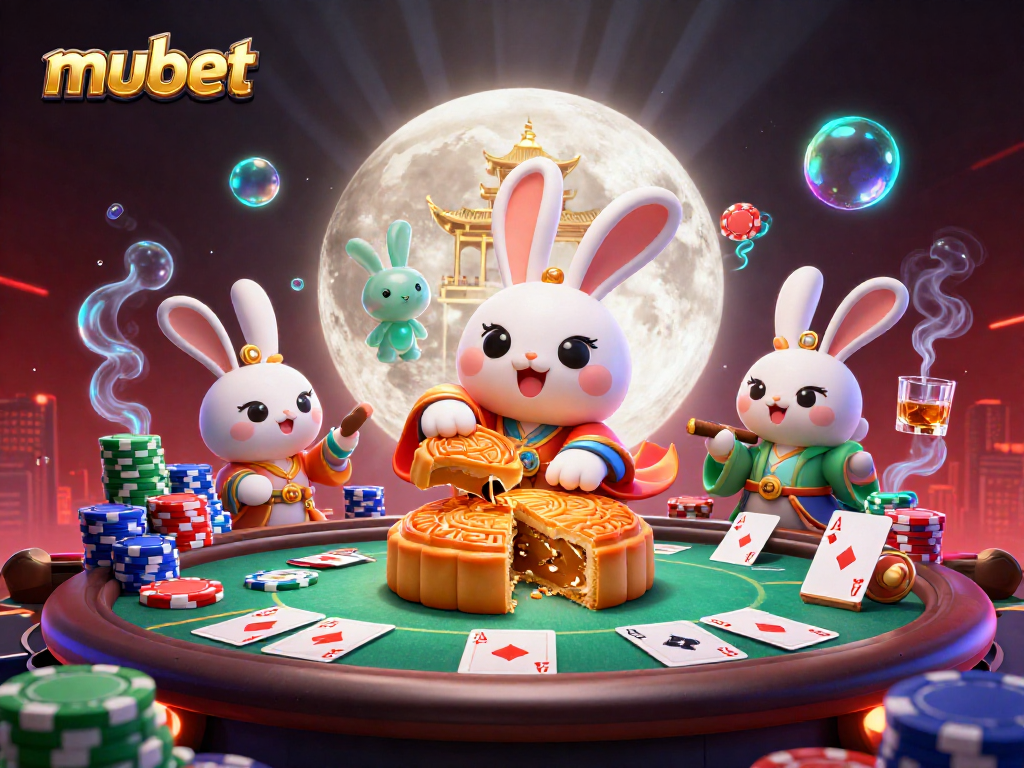 Engage with mubet's thrilling online games featuring poker chips inside mooncakes and vibrant casino elements.
