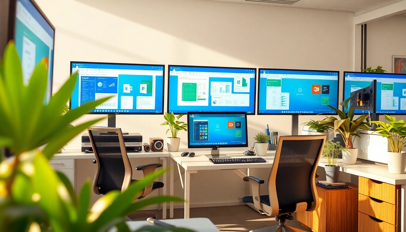 Erlebe die Funktionen der Microsoft Office 2024 Professional Plus in einem modernen Büro-Setup mit mehreren Bildschirmen und einem einladenden Ambiente.