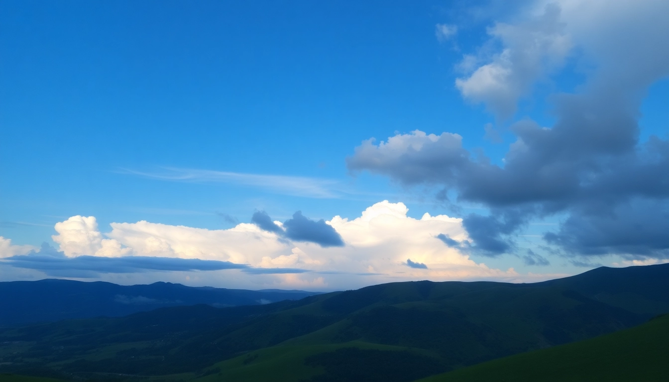 Reflecting the essence of Klima through a vivid landscape depicting weather changes from clear skies to gentle hills.