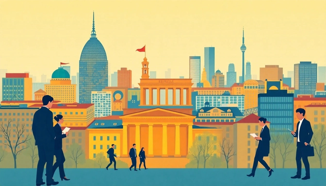 Explore the concept of average salary in Germany through a dynamic cityscape, capturing professionals at work in a flourishing environment.