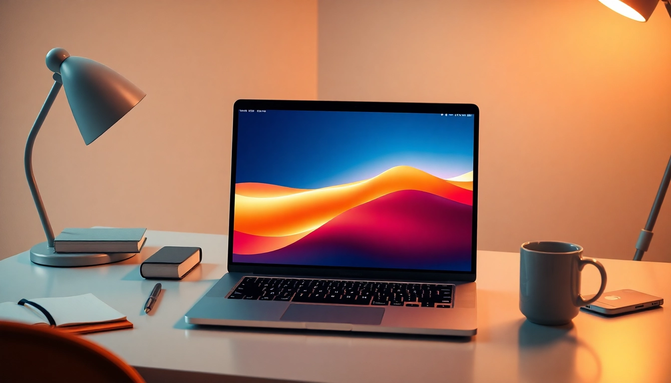 Visualisiere den Macbook Office 2024 auf einem eleganten Schreibtisch, umgeben von Büromaterialien.