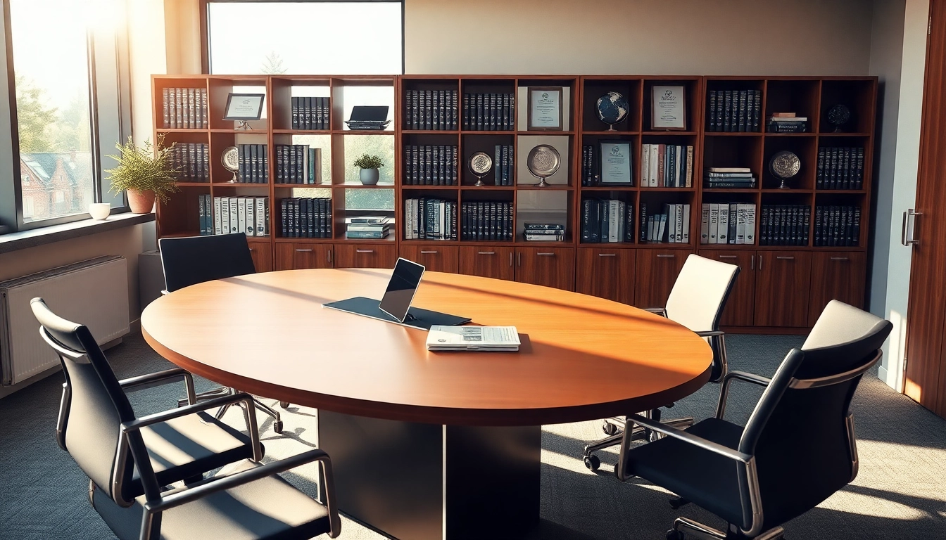 Professionelles Büro-Setup für Headhunter Vertrieb mit Besprechungstisch, Laptop und Fachliteratur, ideal für Rekrutierungsprozesse.