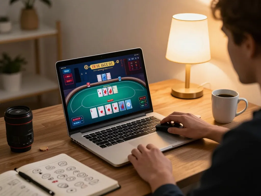 Player enjoying online poker at SC88 on laptop in modern home environment.