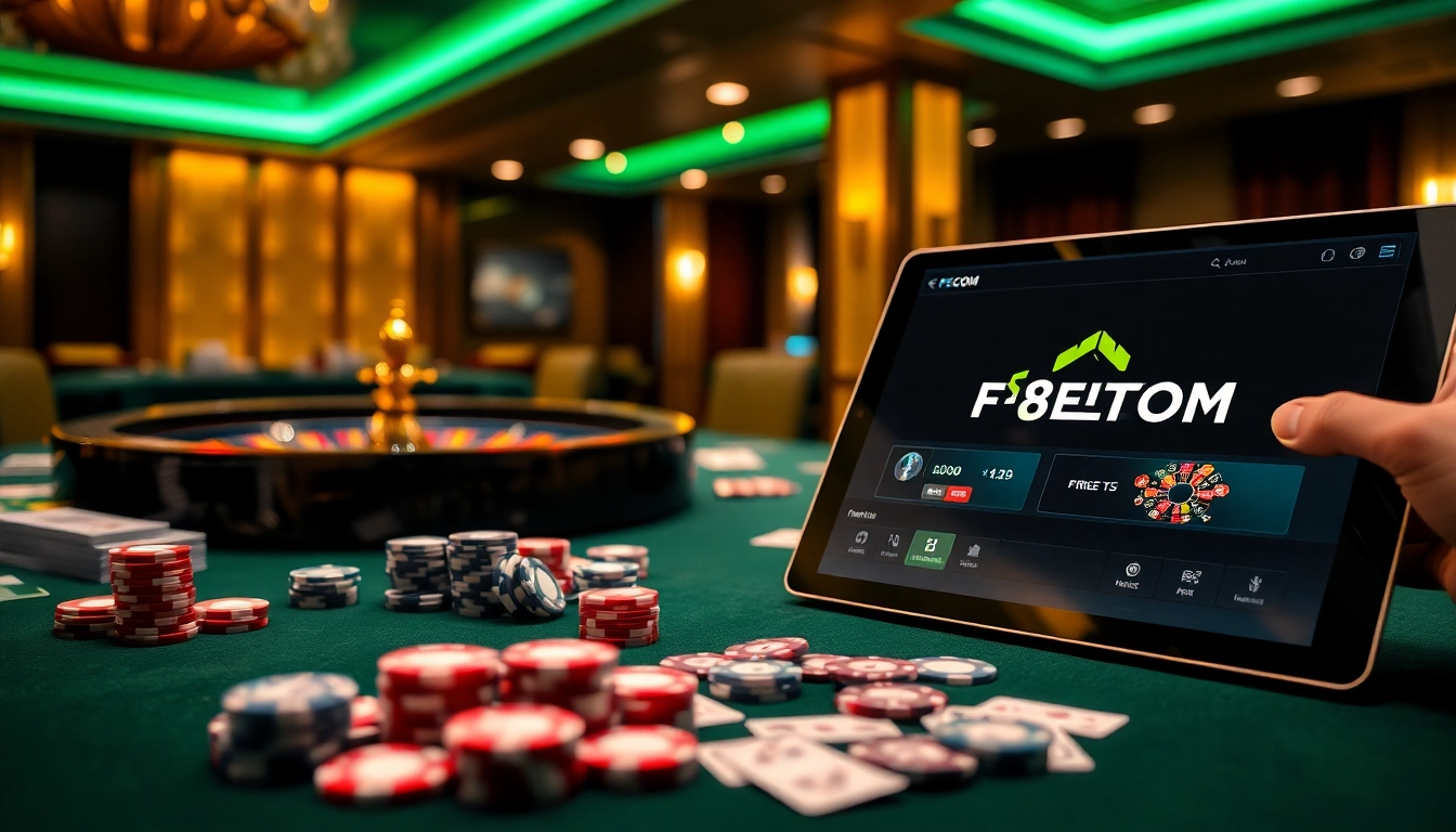 Players enjoying action at a luxurious F8BET.COM casino table with vibrant chips and cards.